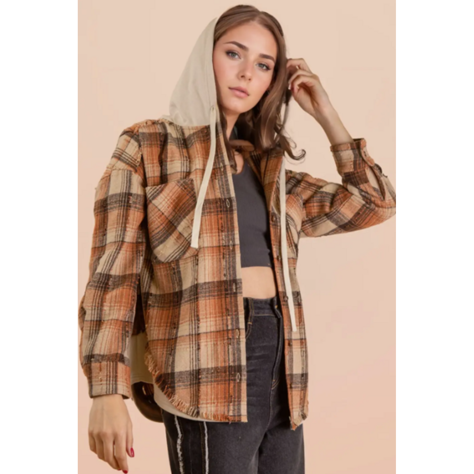 New In Very J Oversized Flannel Hooded Button Down Jacket Caramel