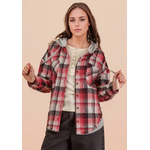 New In Very J Oversized Flannel Hooded Button Down Jacket Red