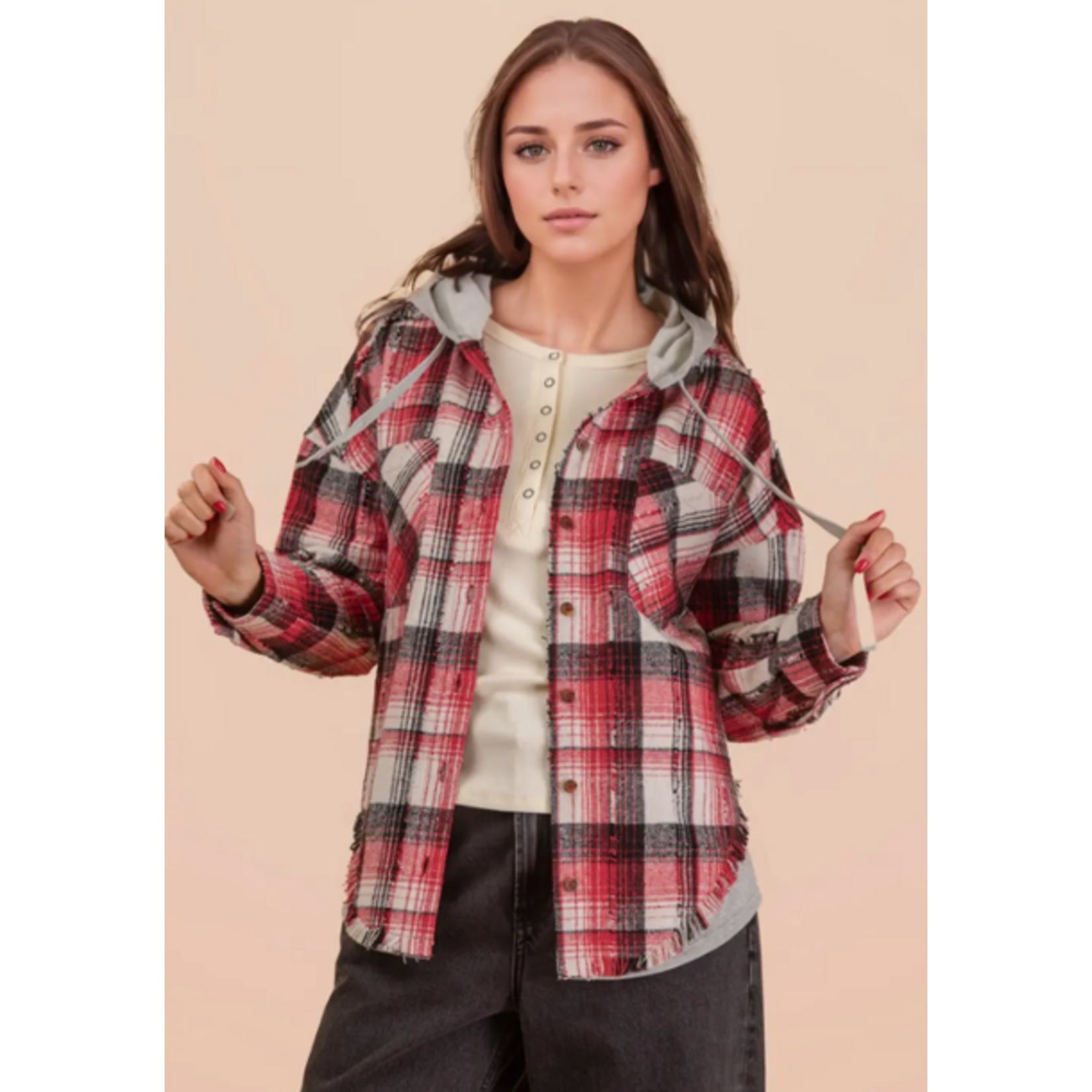 New In Very J Oversized Flannel Hooded Button Down Jacket Red