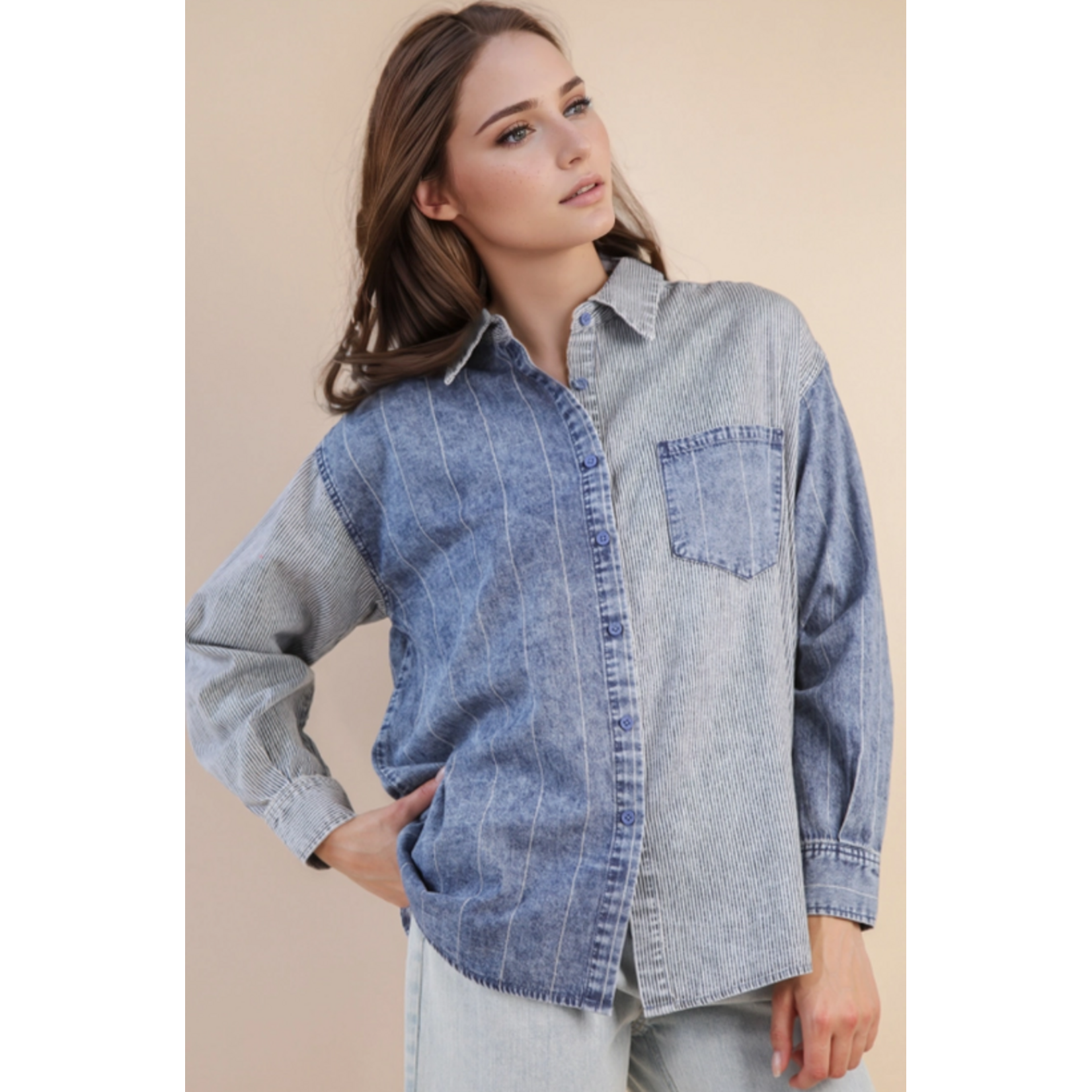 New In Very J Mineral Washed Colorblock Striped Shirt Indigo