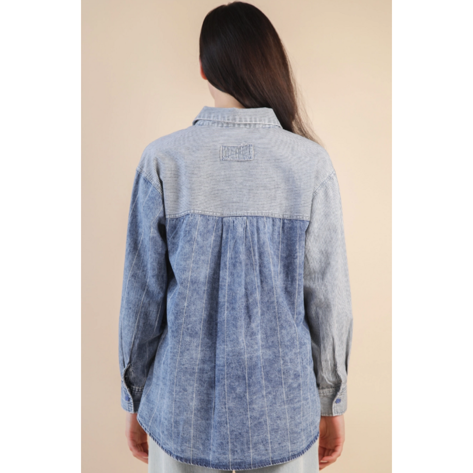 New In Very J Mineral Washed Colorblock Striped Shirt Indigo