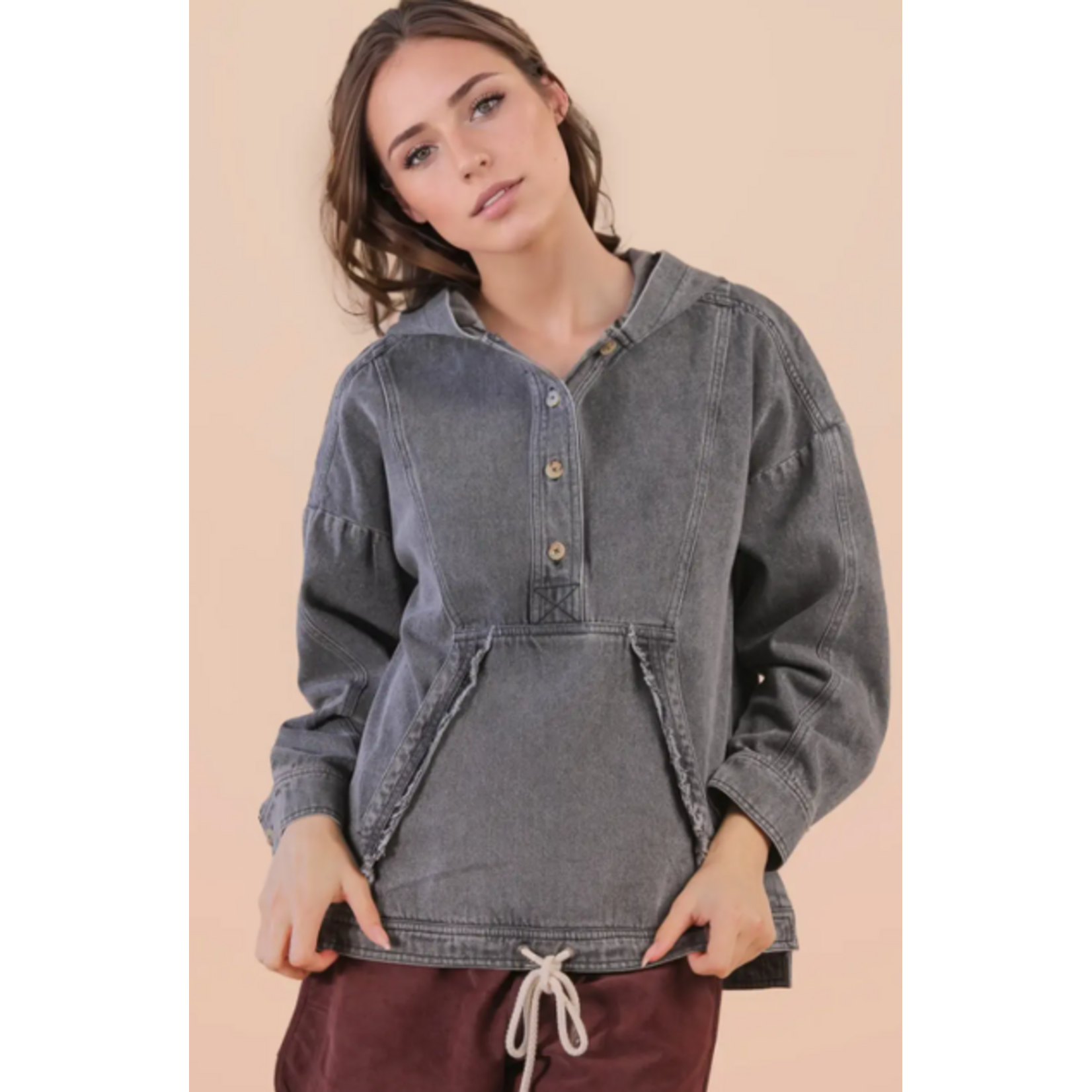 New In Very J Washed Demin Casual Hooded Pullover Top Black