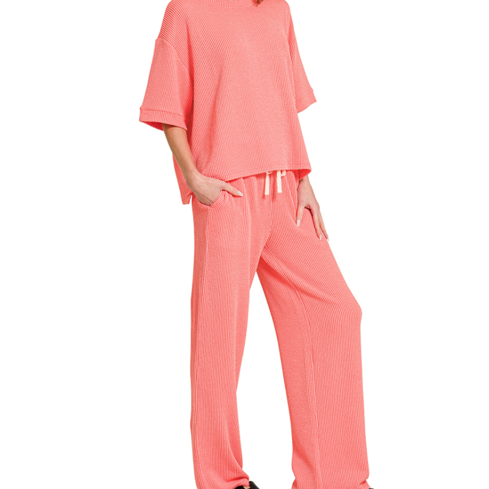 Zenana Zenana Ribbed Short Sleeve Tee & Pant Set Coral