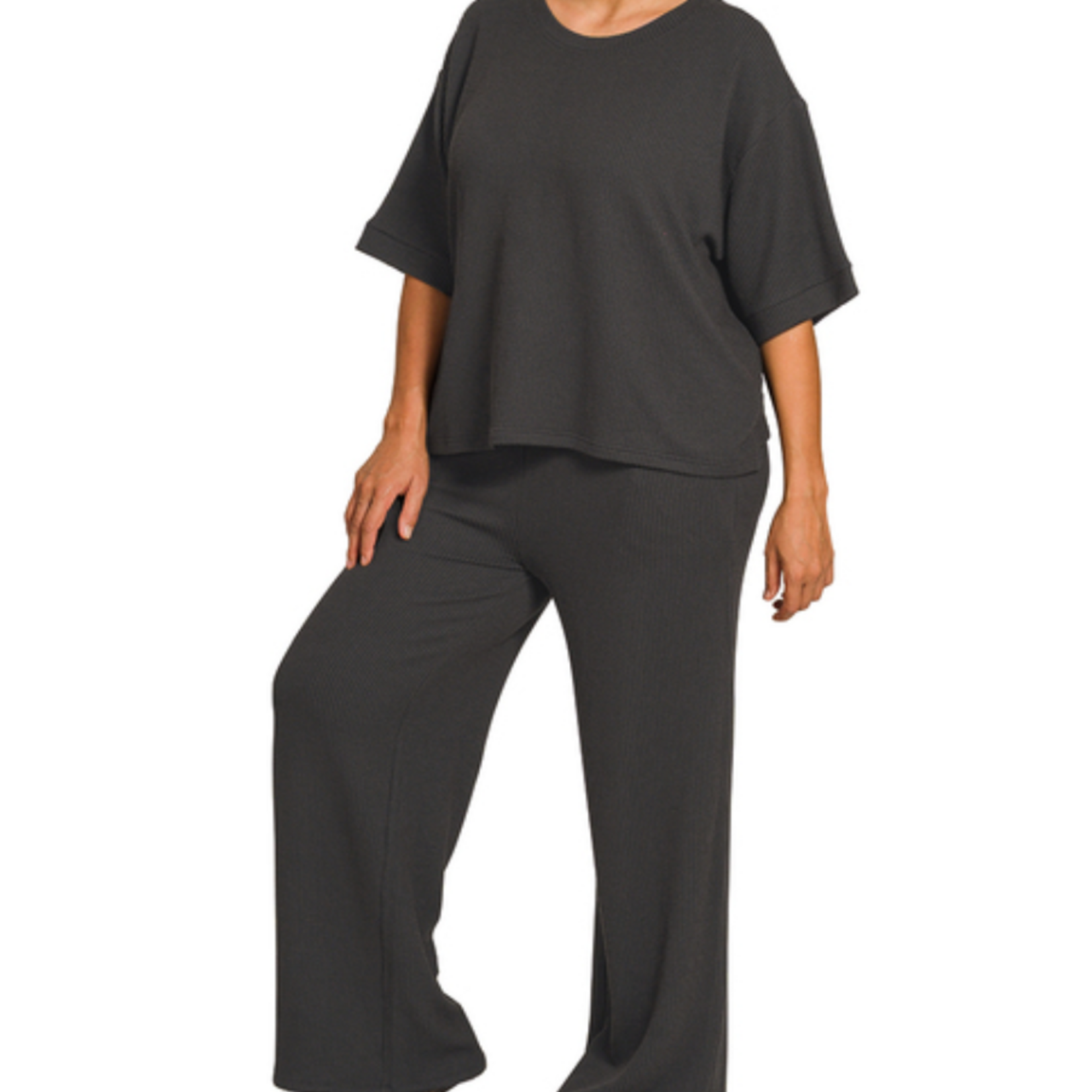 Zenana Zenana Ribbed Short Sleeve Tee & Pant Set Black