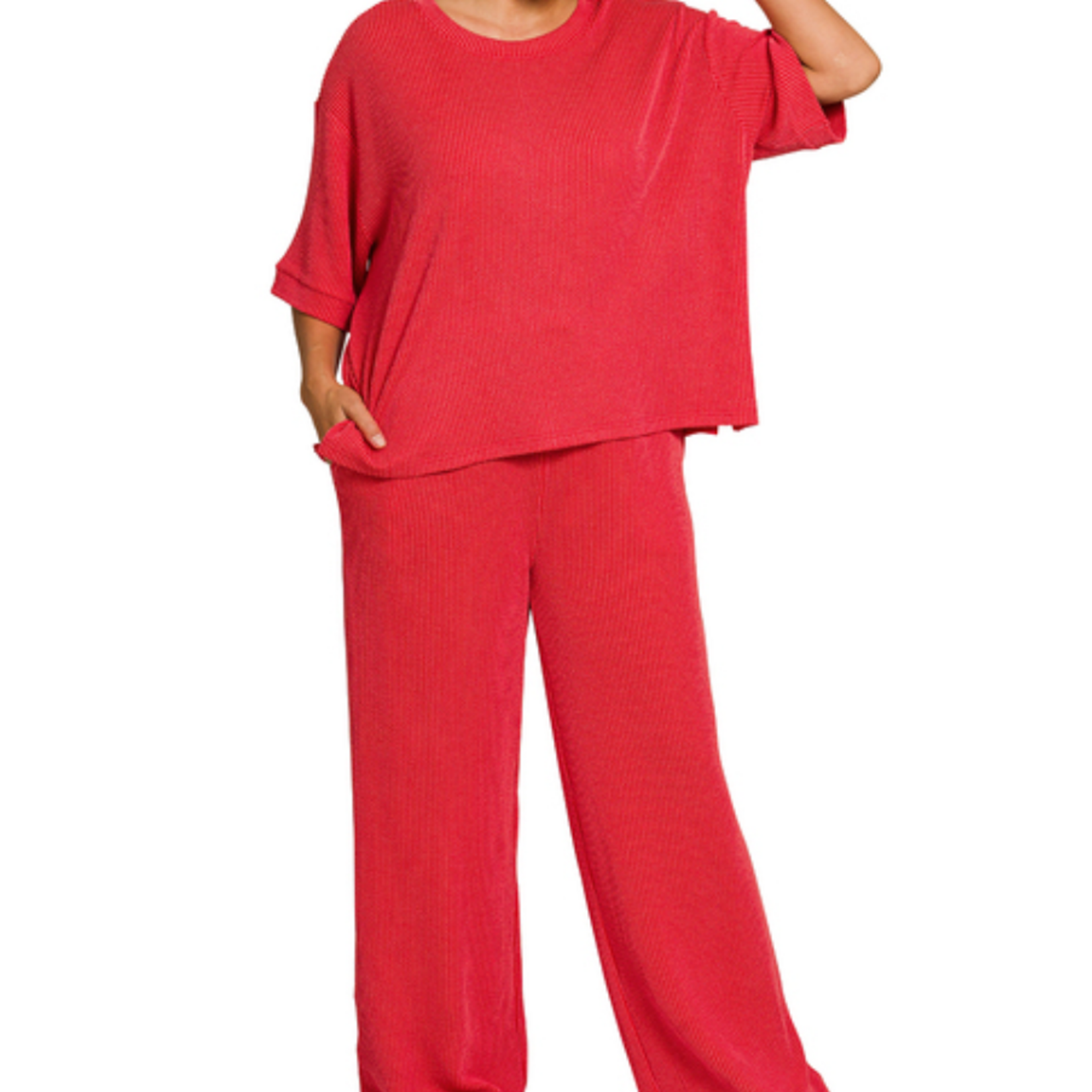 Zenana Zenana Ribbed Short Sleeve Tee & Pant Set Ruby