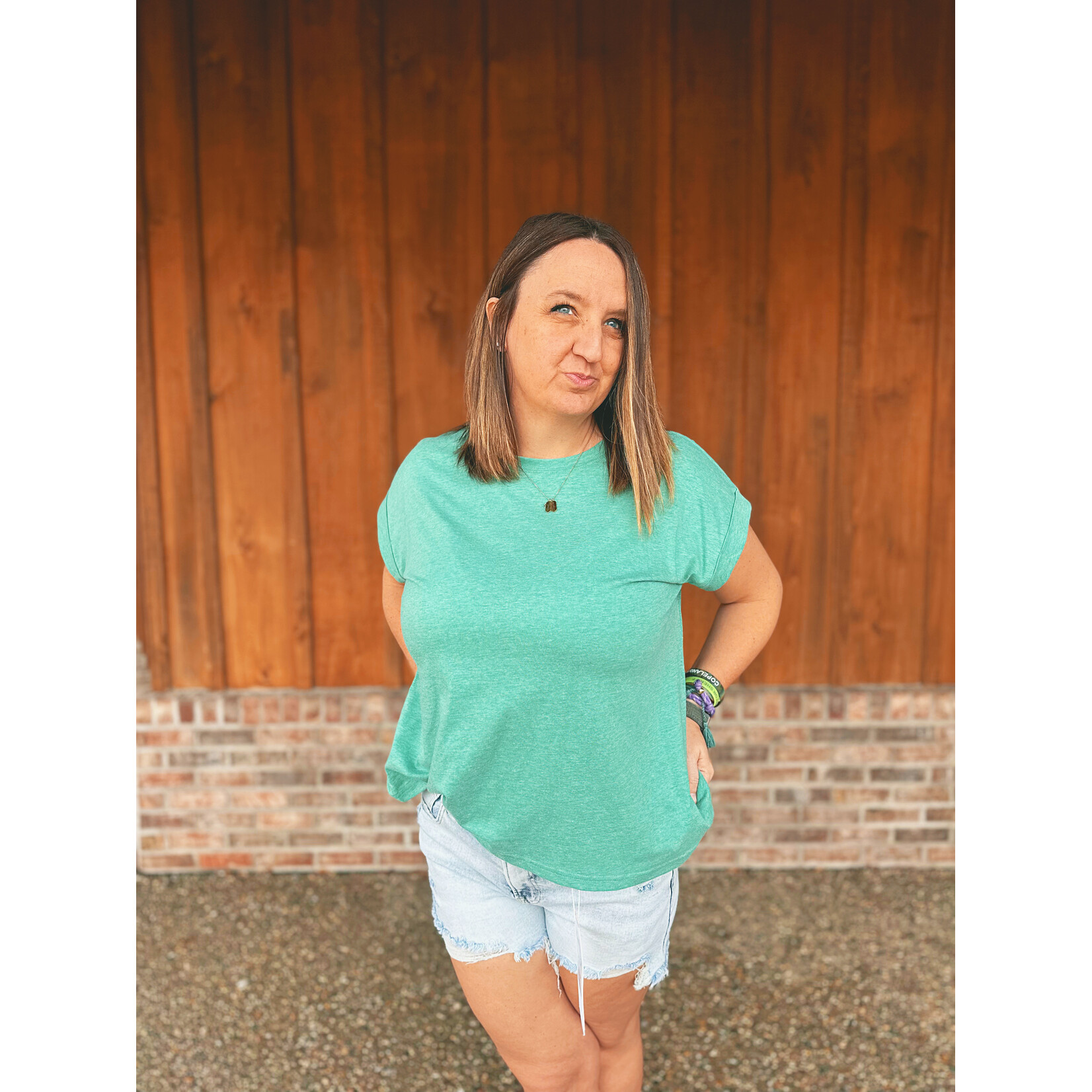 Zenana Zenana Folded Sleeve T-Shirt Heather Kelly Green