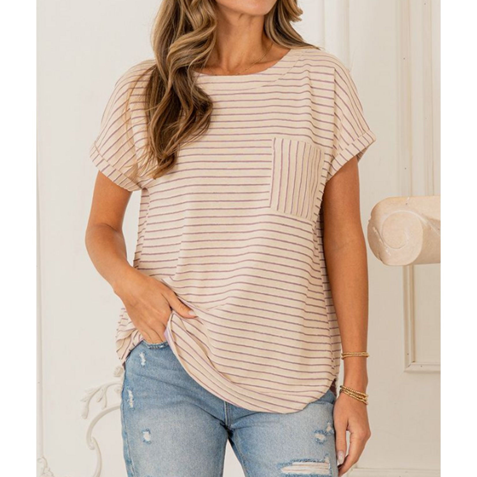 Sew in Love Sew In Love Short Sleeve Stripe Top Ivory Plum