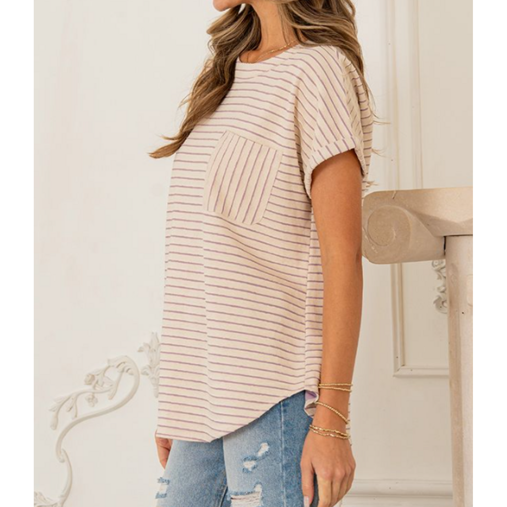 Sew in Love Sew In Love Short Sleeve Stripe Top Ivory Plum