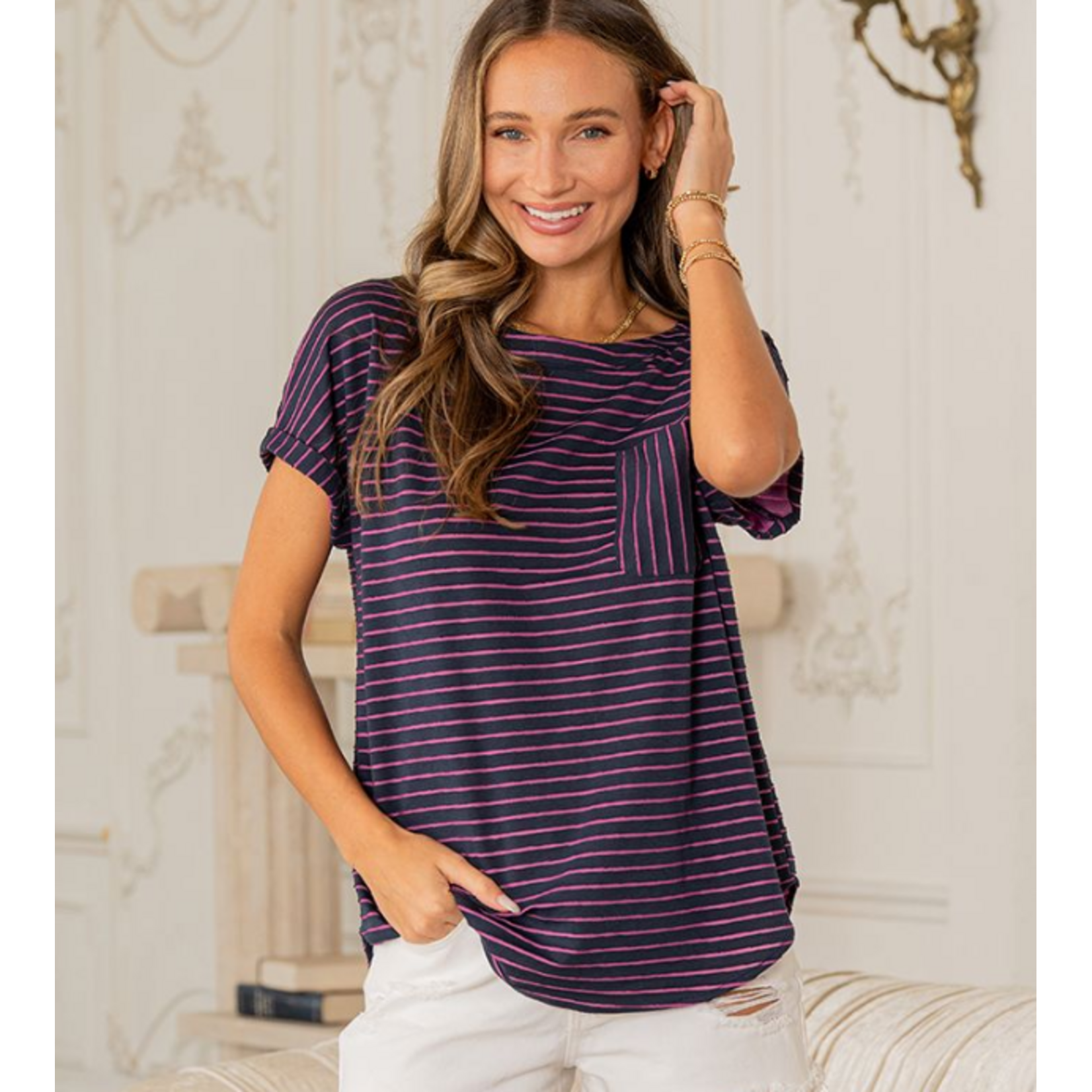 Sew in Love Short Sleeve Stripe Top in Navy Orchid