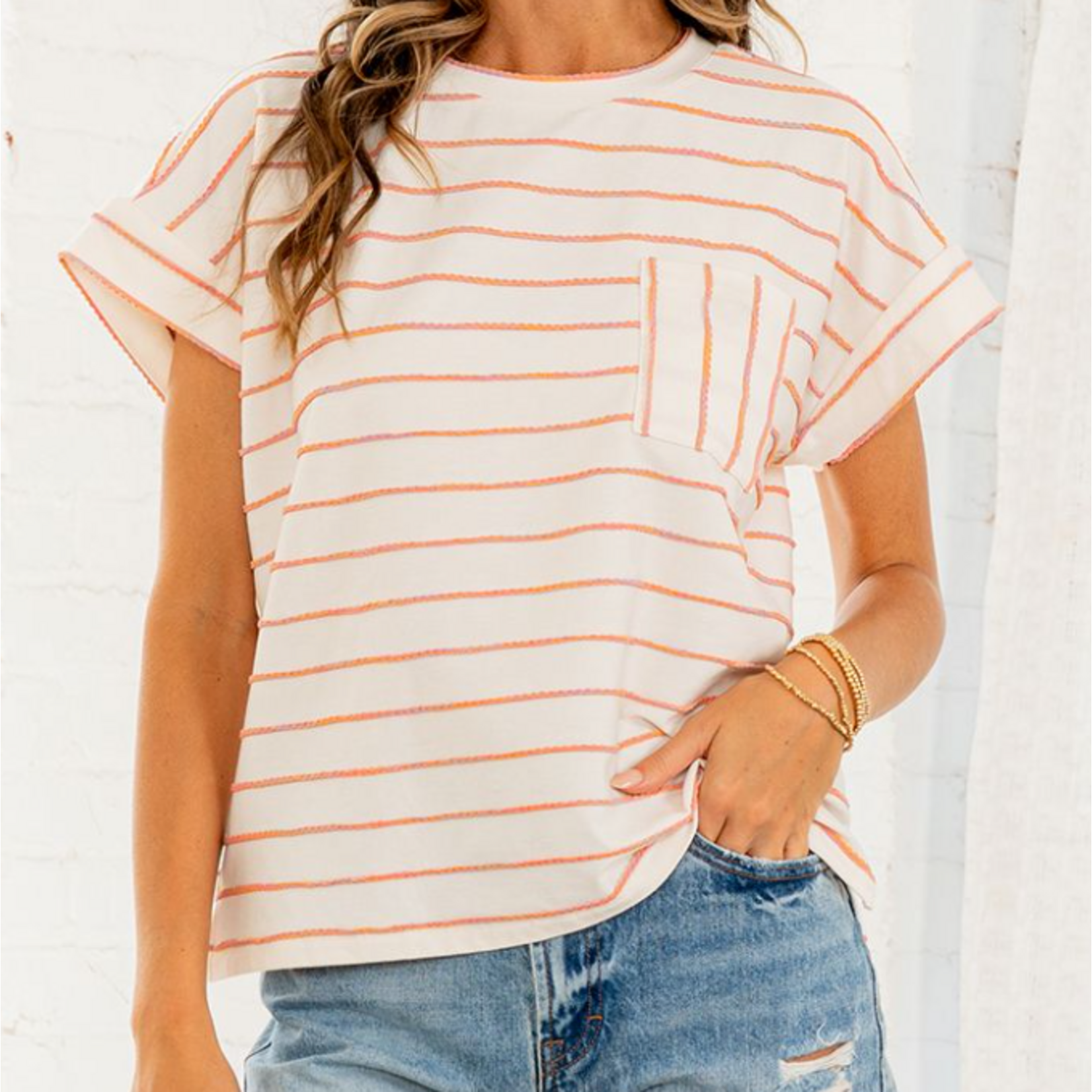Sew in Love Short Sleeve Stripe Top Ivory in Peach