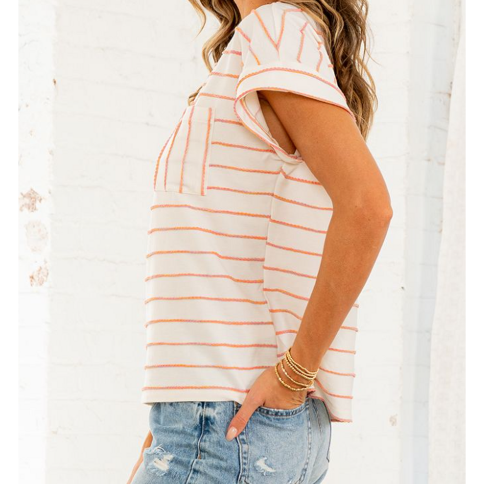 Sew in Love Short Sleeve Stripe Top Ivory in Peach