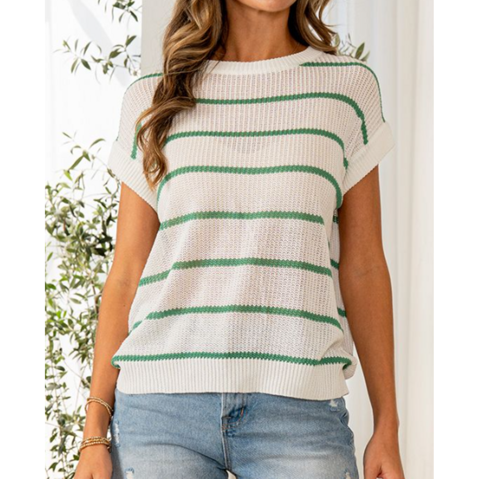 Sew in Love Sew In Love Crochet Stripe Round Neck Top White Green