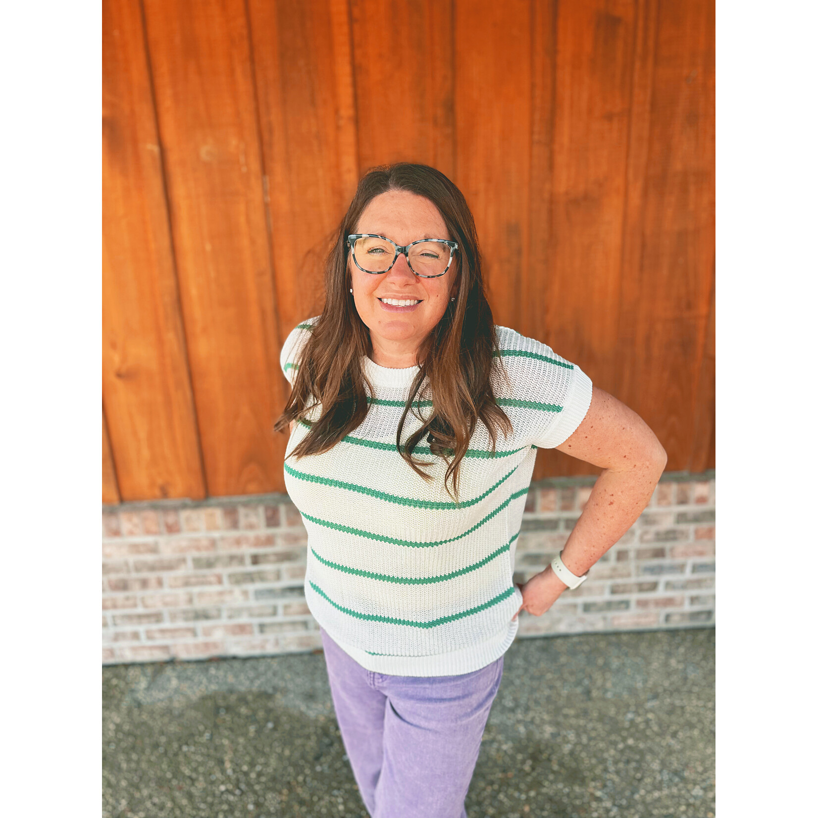 Sew in Love Crochet Stripe Round Neck Top White Green