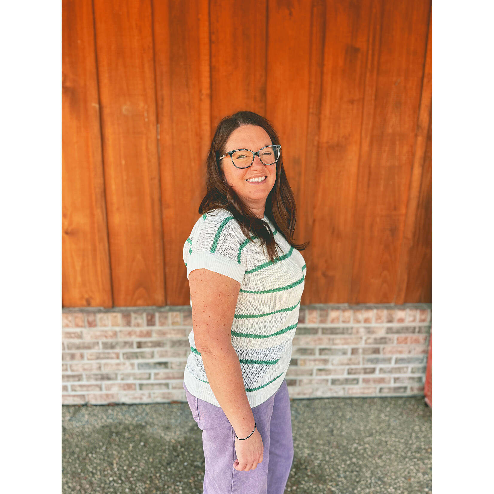 Sew in Love Crochet Stripe Round Neck Top White Green