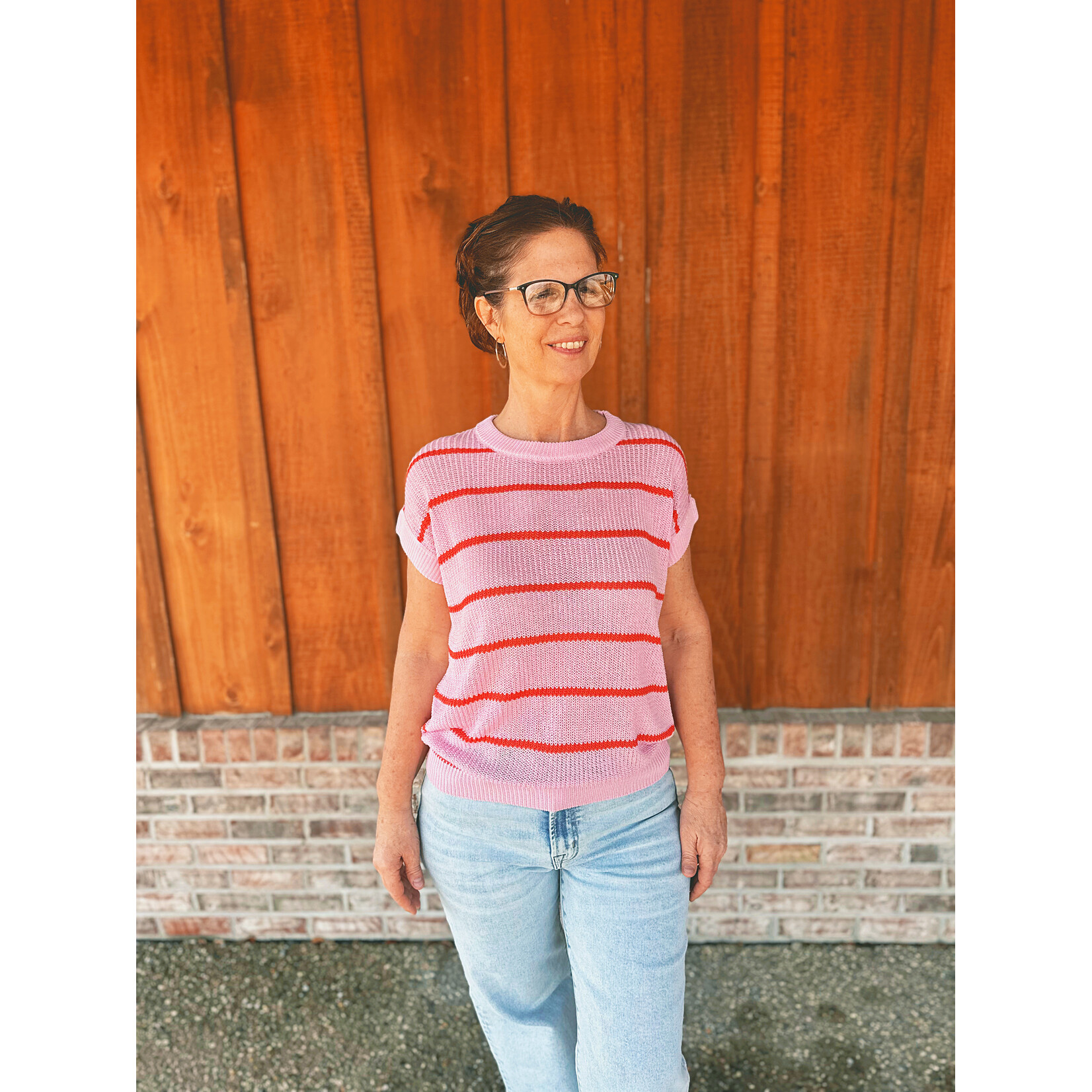 Sew in Love Sew In Love Crochet Stripe Round Neck Top Pink Orange