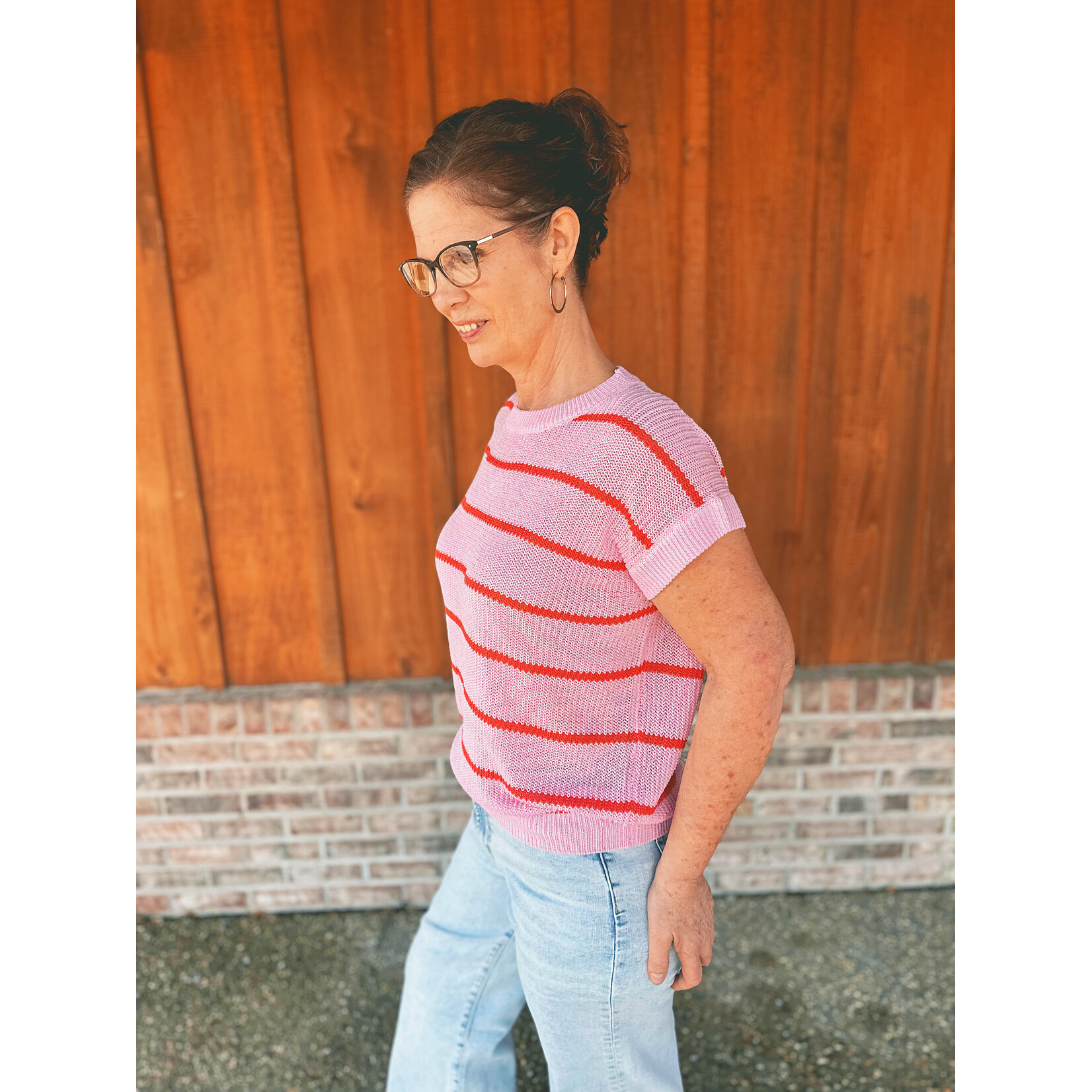 Sew in Love Sew In Love Crochet Stripe Round Neck Top Pink Orange