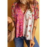 Lovesoft Lovesoft Boho Floral Patchwork Buttoned Short Sleeve Top Multicolor