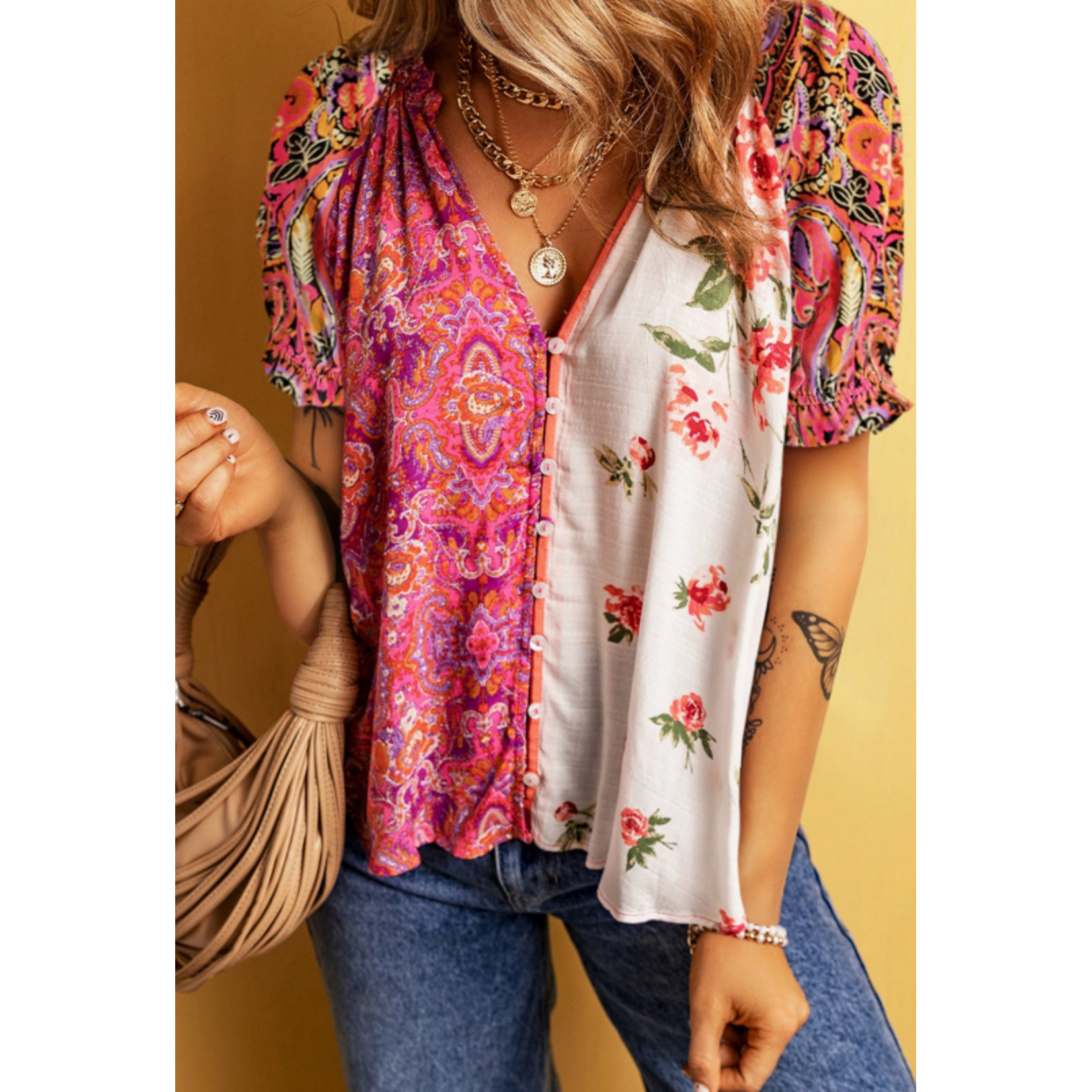 Lovesoft Lovesoft Boho Floral Patchwork Buttoned Short Sleeve Top Multicolor
