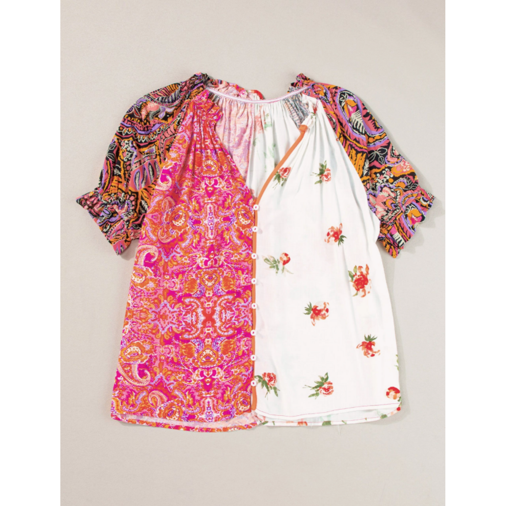 Lovesoft Lovesoft Boho Floral Patchwork Buttoned Short Sleeve Top Multicolor