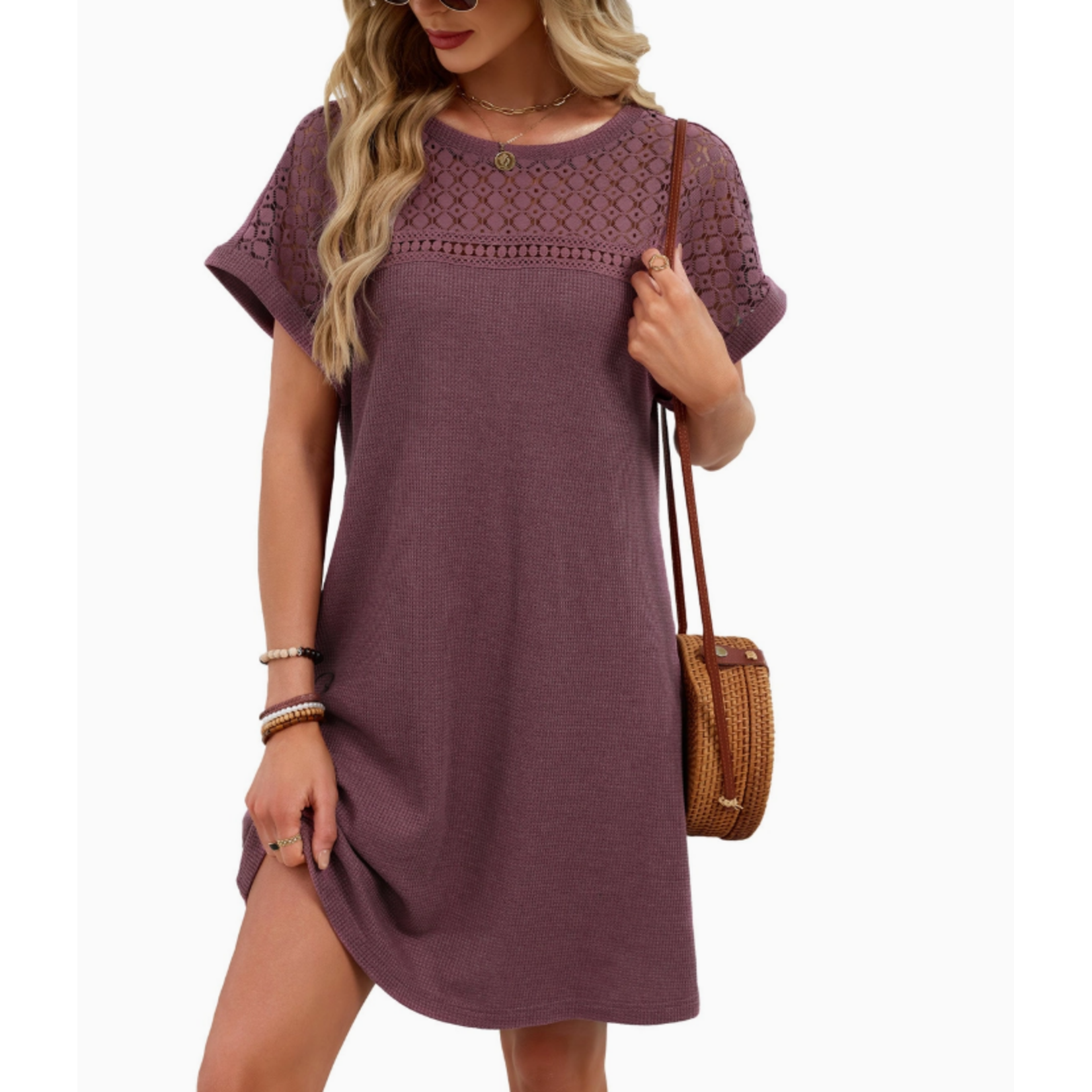 Lovesoft Lovesoft Lace Patchwork Casual Short Sleeve Dress Brick Red