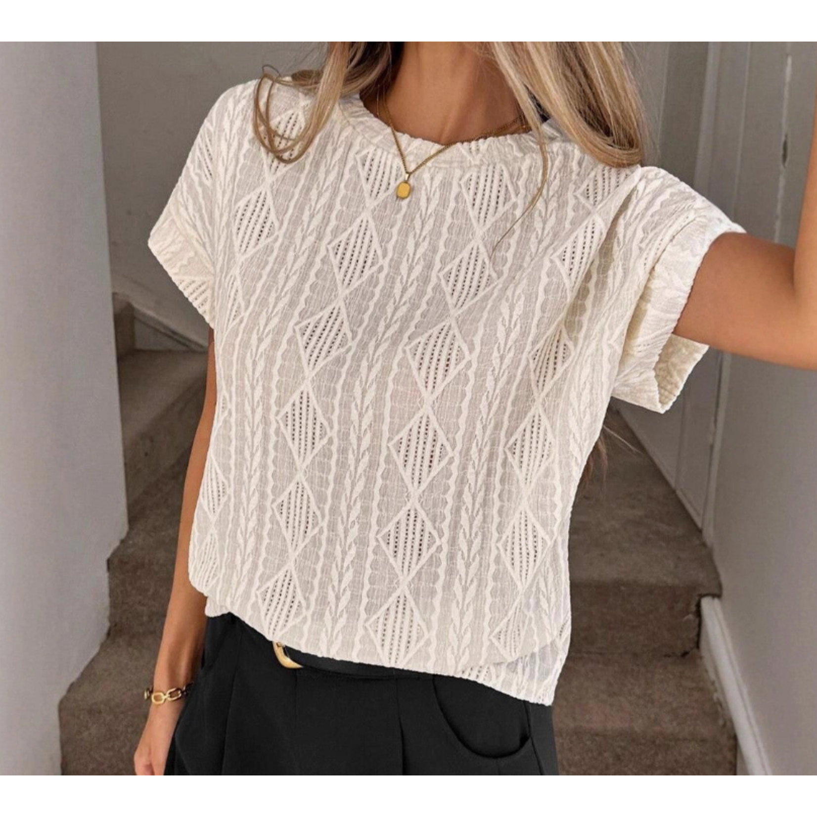 Lovesoft LovesoftTextured Jacquard Knit Short Sleeve Crew Neck Top Apricot