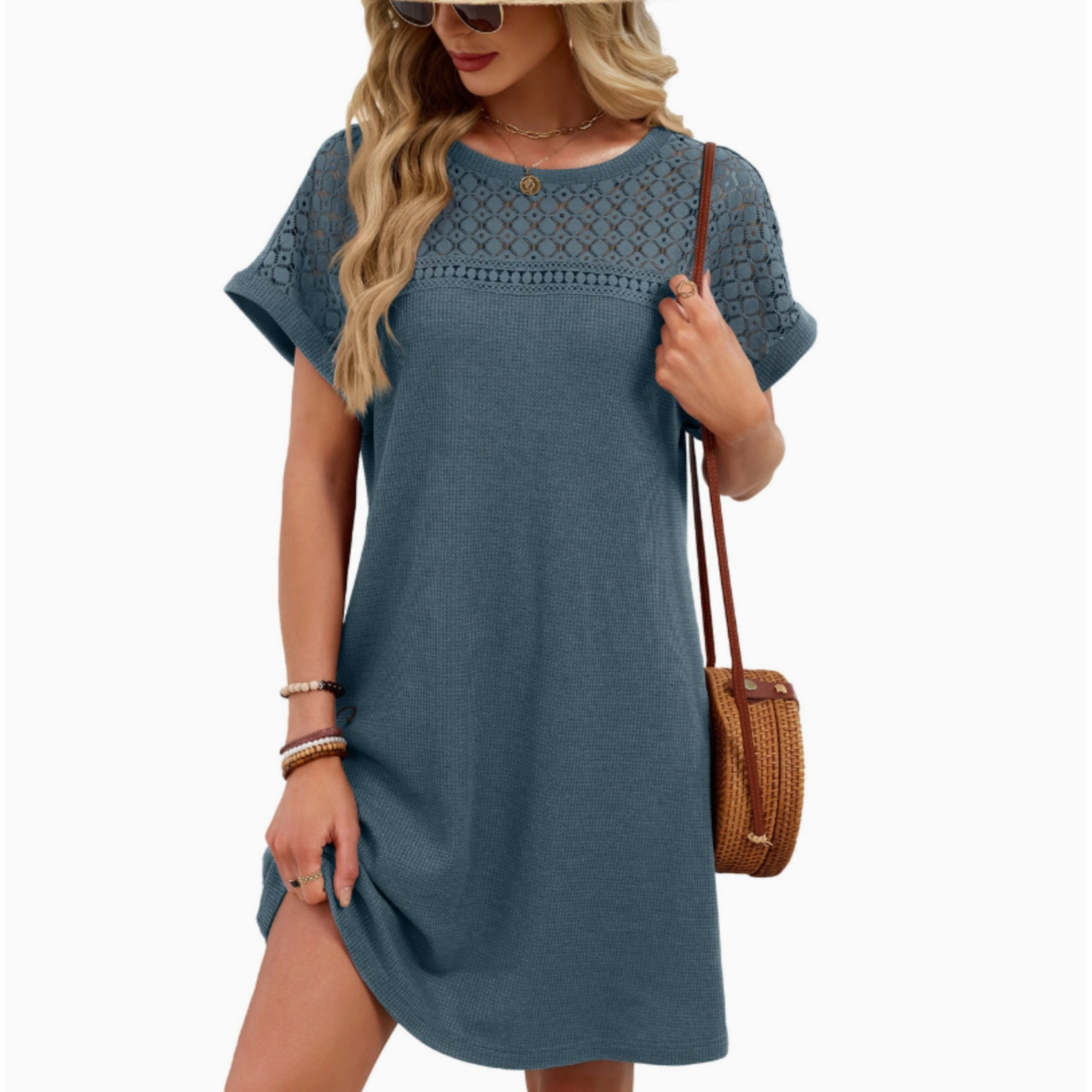 Lovesoft Lovesoft Lace Patchwork Casual Short Sleeve Dress Blue Gray
