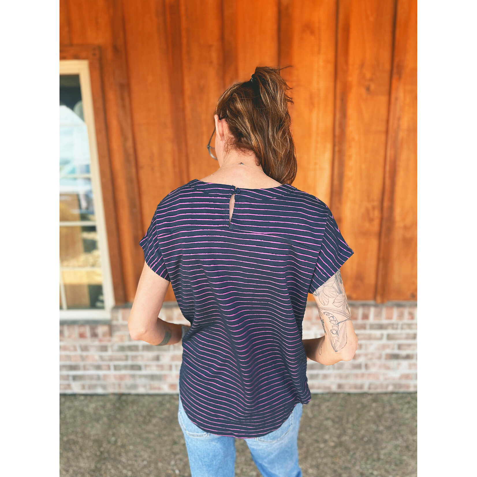 Sew in Love Short Sleeve Stripe Top in Navy Orchid