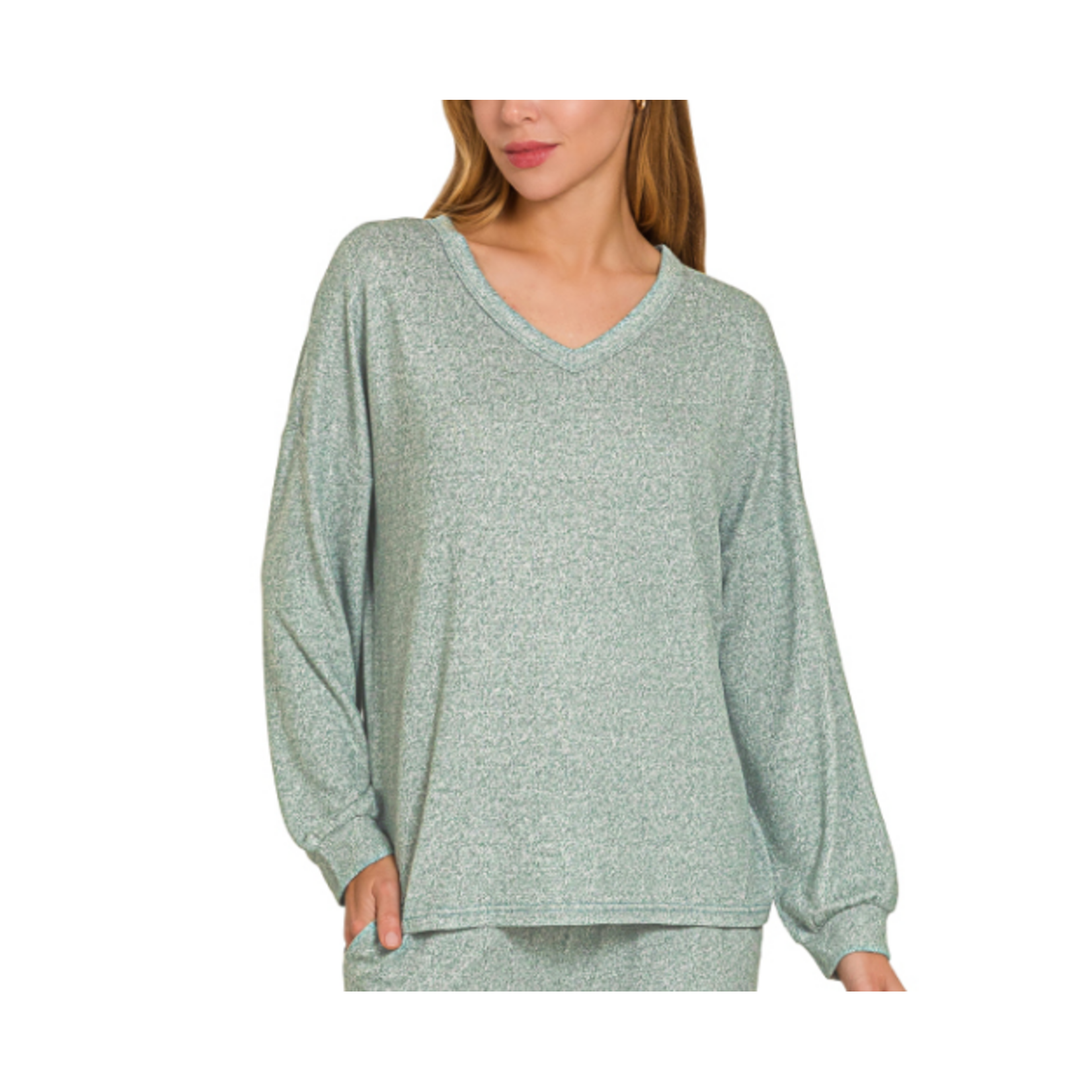 Zenana Zenana Soft Melange V Neck Long Sleeve Top Ash Jade Large