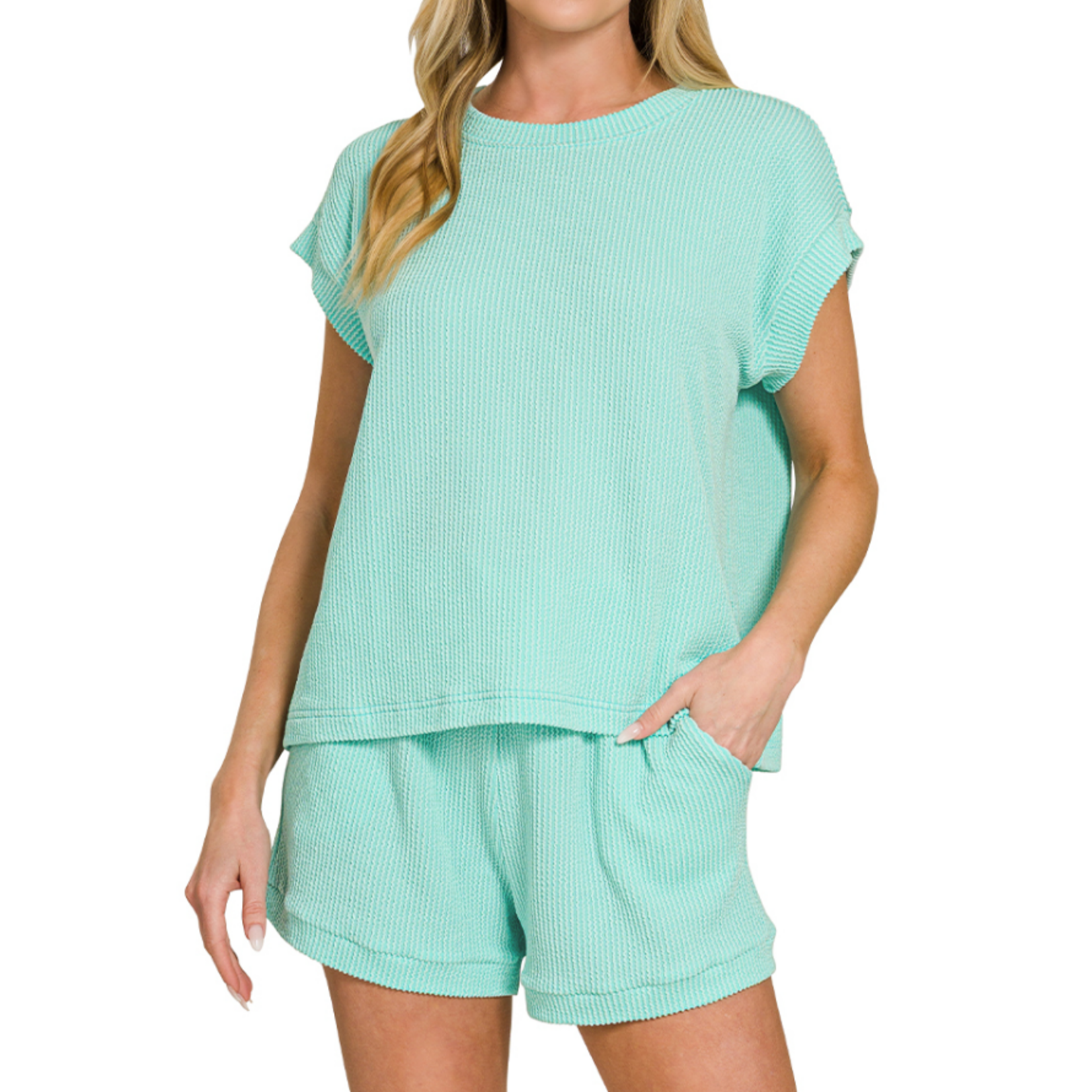 Zenana Zenana Raised Rib Cap Sleeve Top & Shorts Set Mint