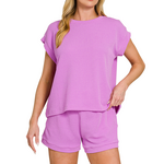 Zenana Zenana Raised Rib Cap Sleeve Top & Shorts Set Spring Violet