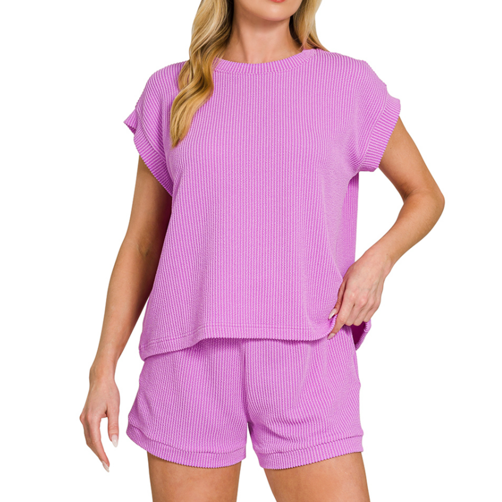 Zenana Zenana Raised Rib Cap Sleeve Top & Shorts Set Spring Violet