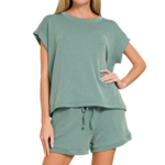 Zenana Zenana Raised Rib Cap Sleeve Top & Shorts Set Jade