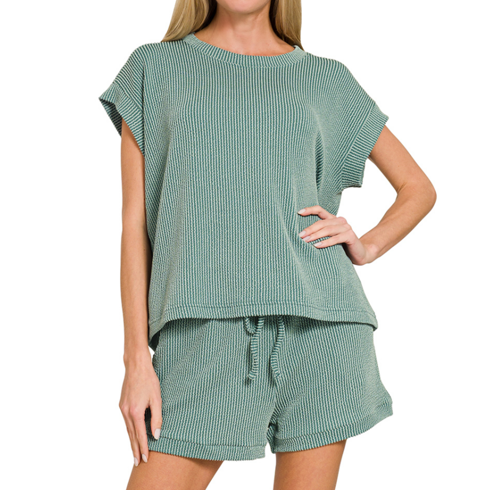 Zenana Zenana Raised Rib Cap Sleeve Top & Shorts Set Jade