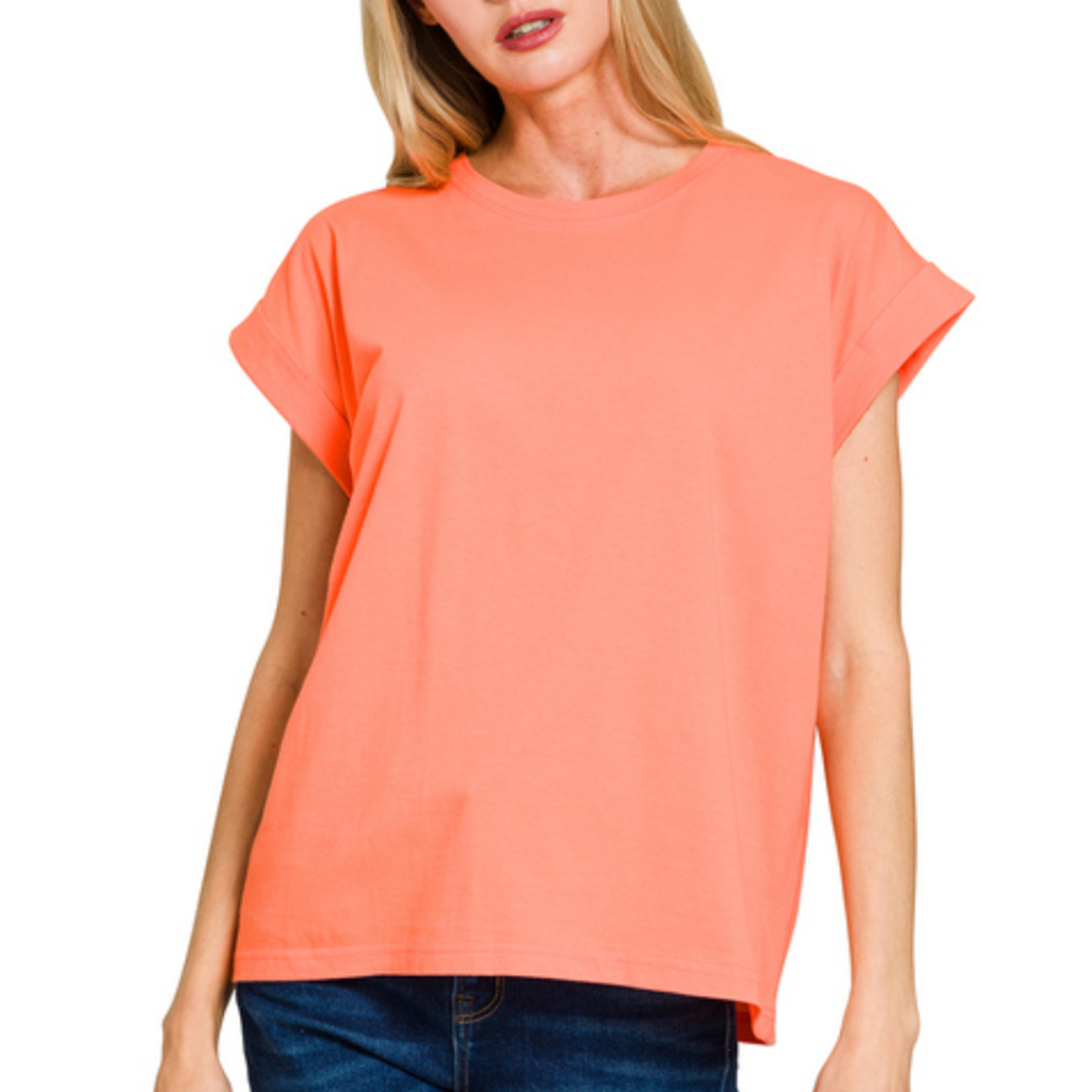 Zenana Zenana Folded Sleeve T-Shirt Coral