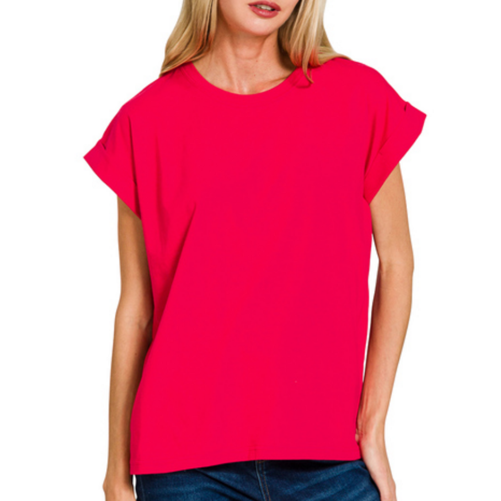 Zenana Zenana Cotton Folded Sleeve T-Shirt Ruby