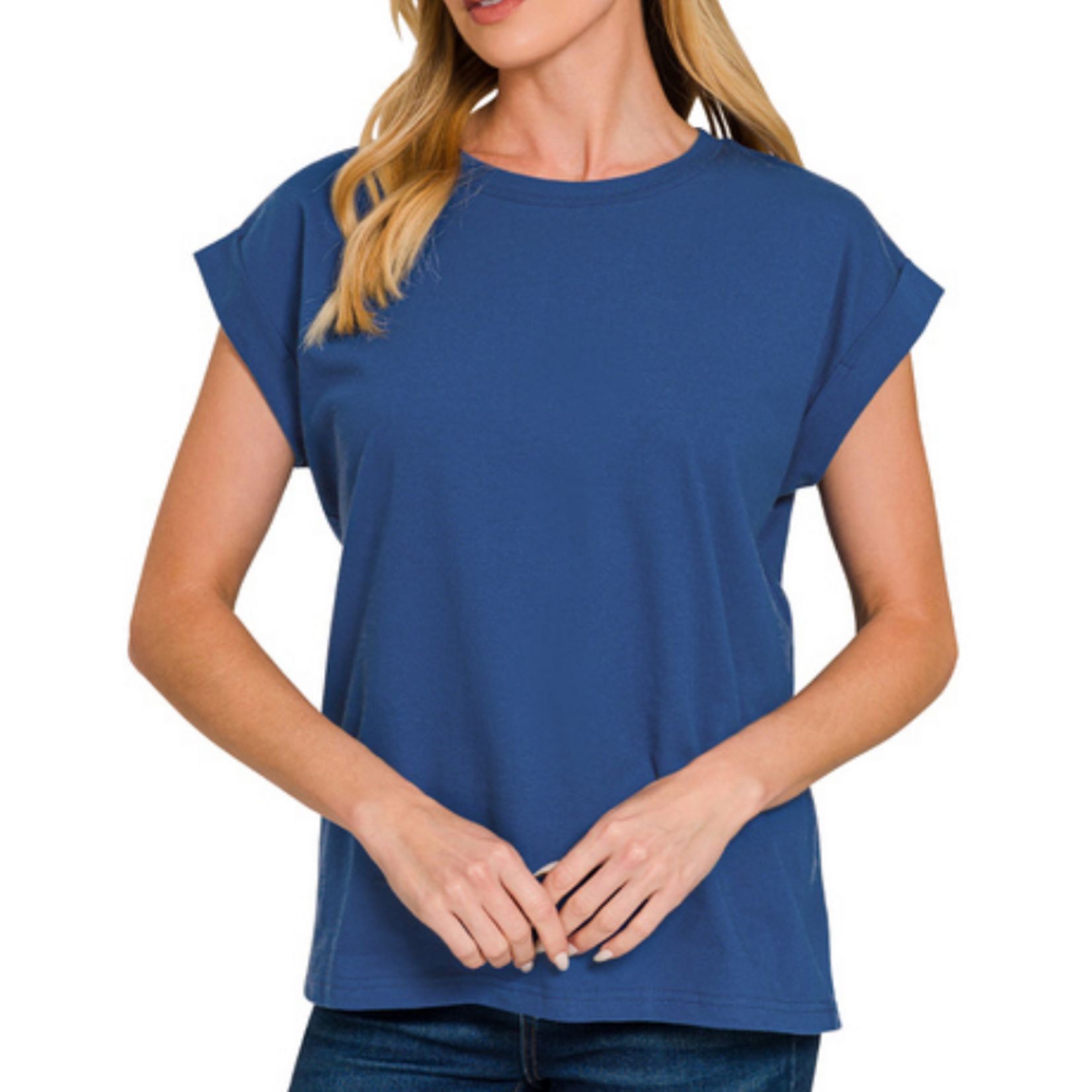 Zenana Zenana Cotton Folded Sleeve T-Shirt Light Navy