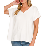 Zenana Zenana Soft Melange Hacci V-Neck Tee White