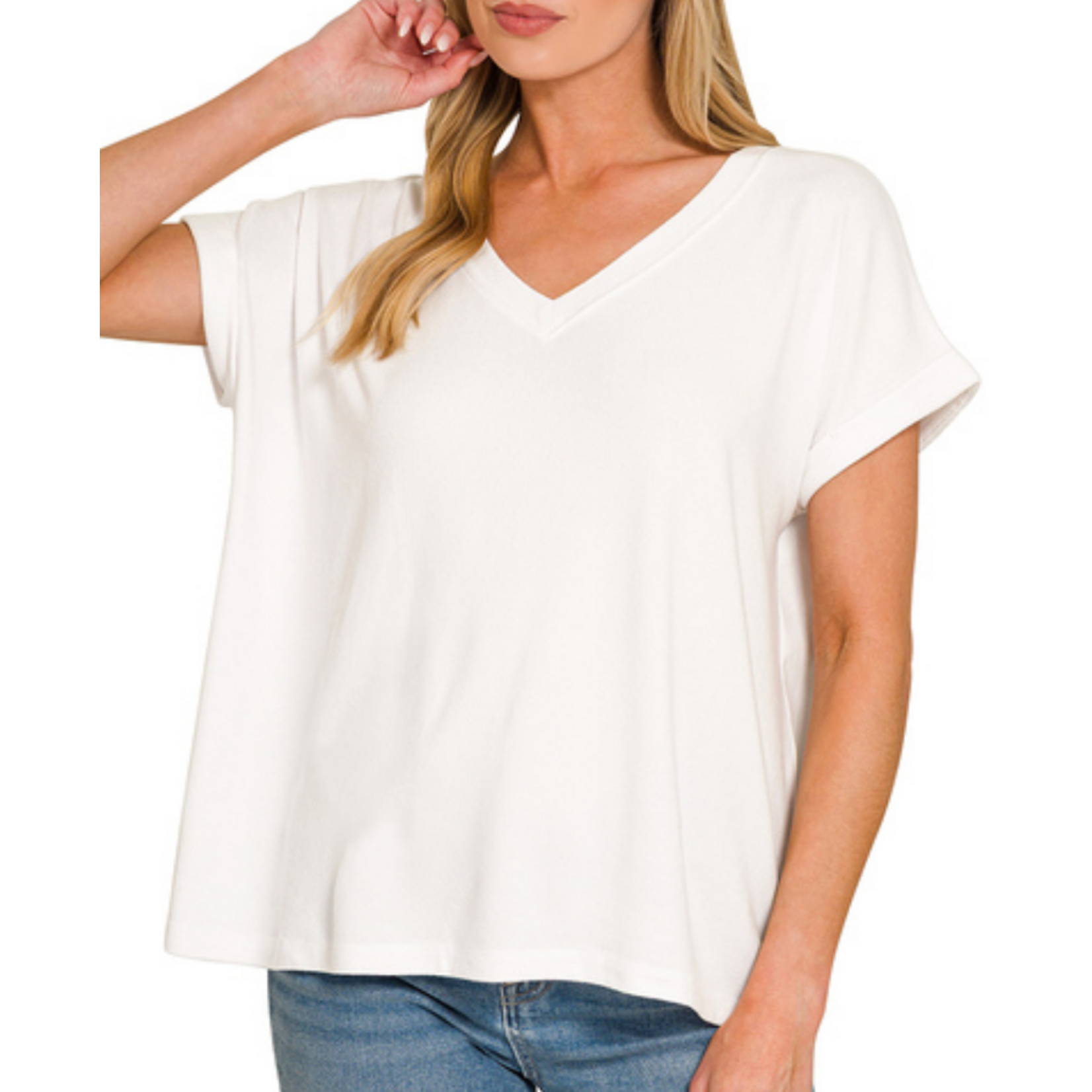 Zenana Zenana Soft Melange Hacci V-Neck Tee White