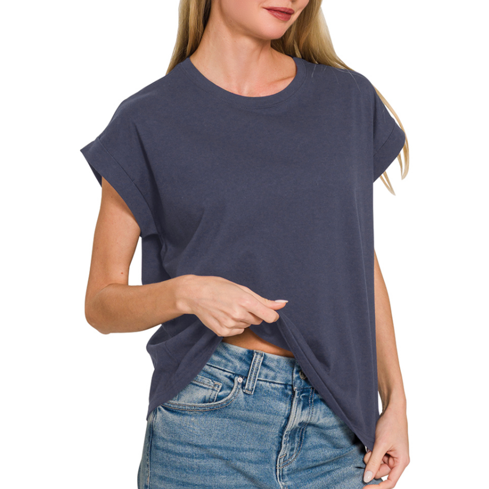Zenana Zenana Folded Sleeve T-Shirt Navy