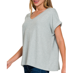Zenana Zenana Soft Melange Hacci V-Neck Tee Blue Grey