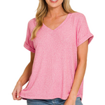 Zenana Zenana Soft Melange Hacci V-Neck Tee Candy Pink