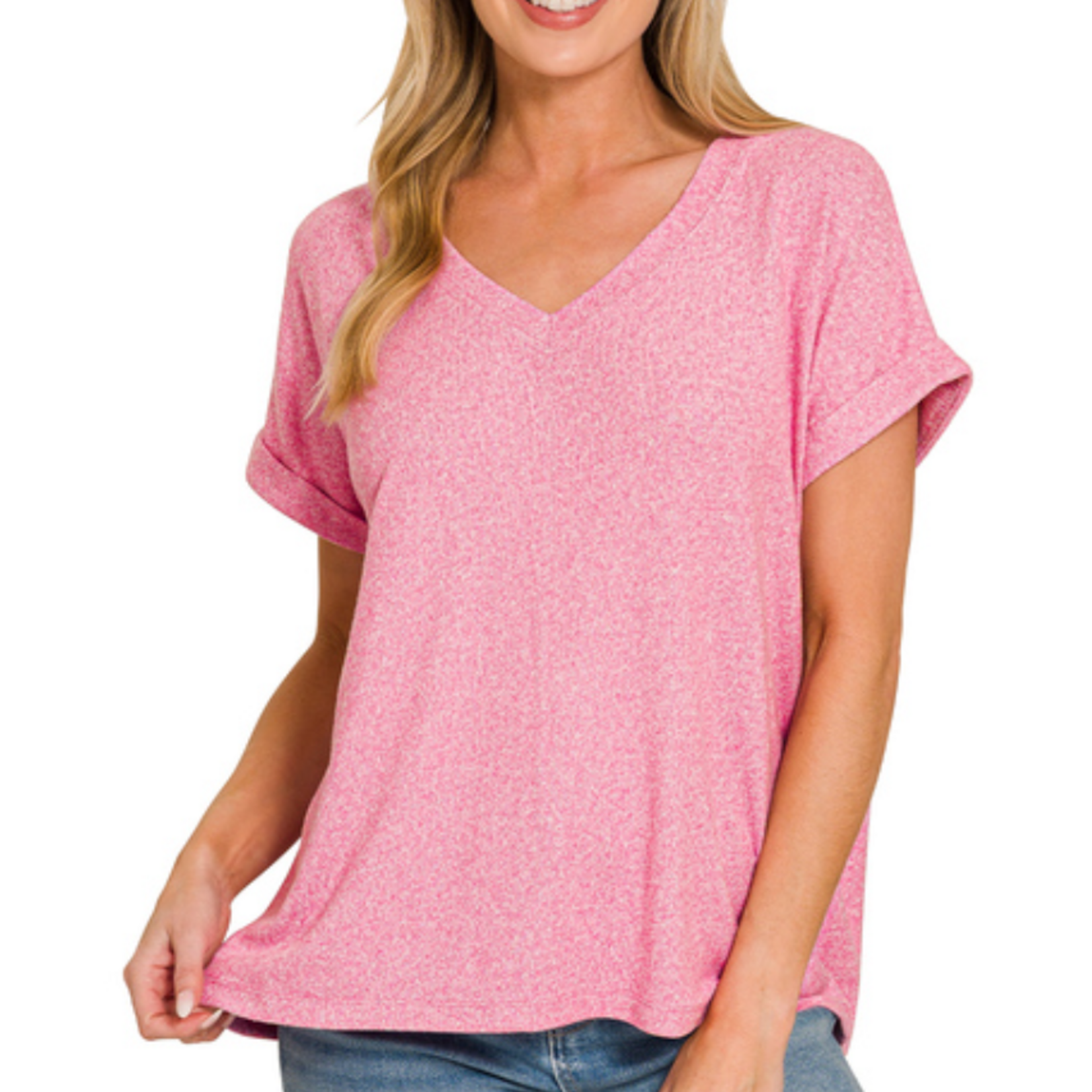 Zenana Zenana Soft Melange Hacci V-Neck Tee Candy Pink