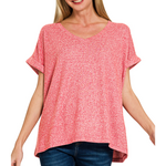 Zenana Zenana Soft Melange Hacci V-Neck Tee Dark Red