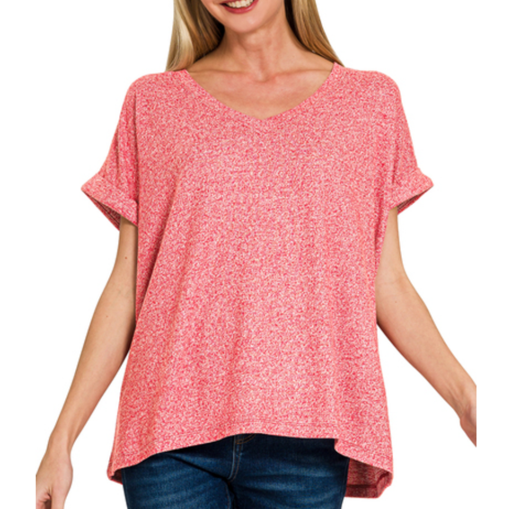 Zenana Zenana Soft Melange Hacci V-Neck Tee Dark Red