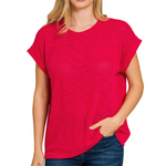 Zenana Zenana Hacci Rolled Up Sleeve Ruby