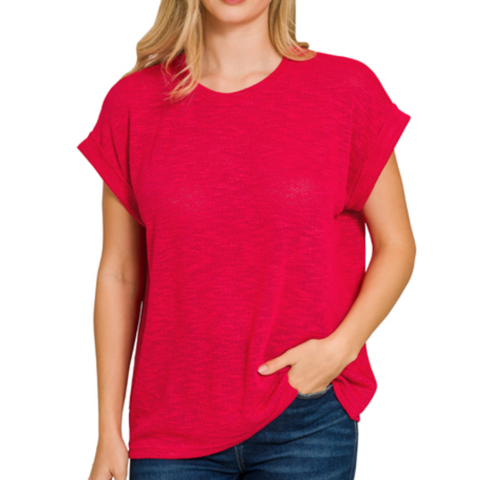 Zenana Zenana Hacci Rolled Up Sleeve Ruby