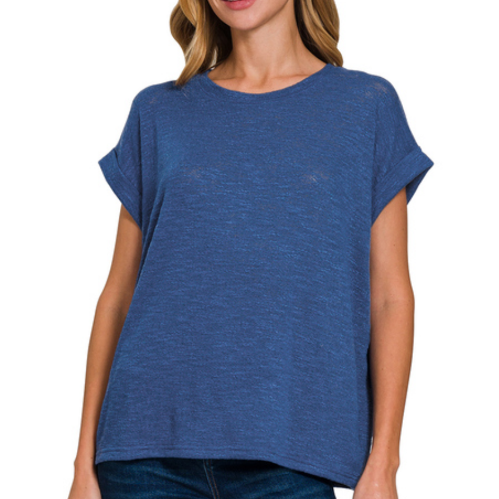 Zenana Zenana Hacci Rolled Up Sleeve Light Navy