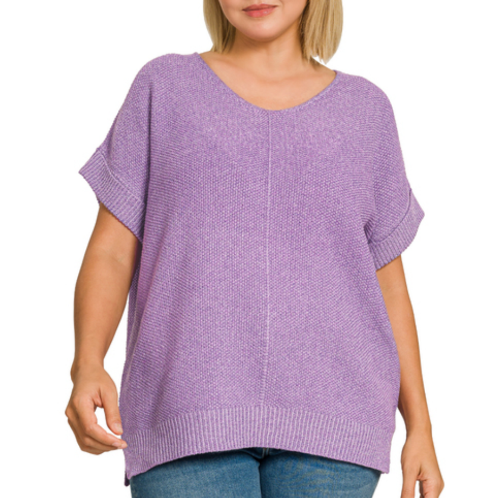 Zenana Zenana Center Seam Short Sleeve Sweater Lavender