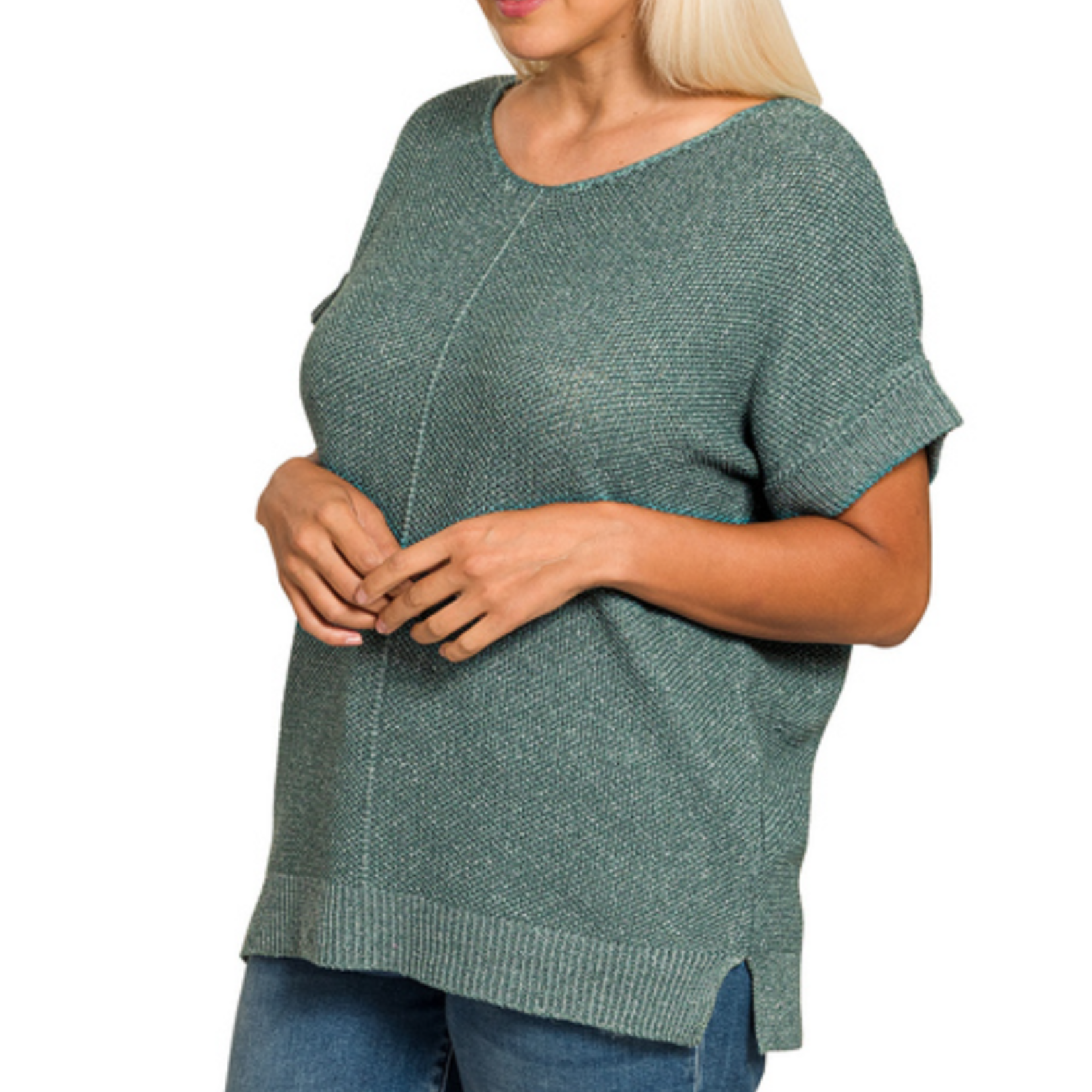 Zenana Zenana Center Seam Short Sleeve Sweater Ash Jade