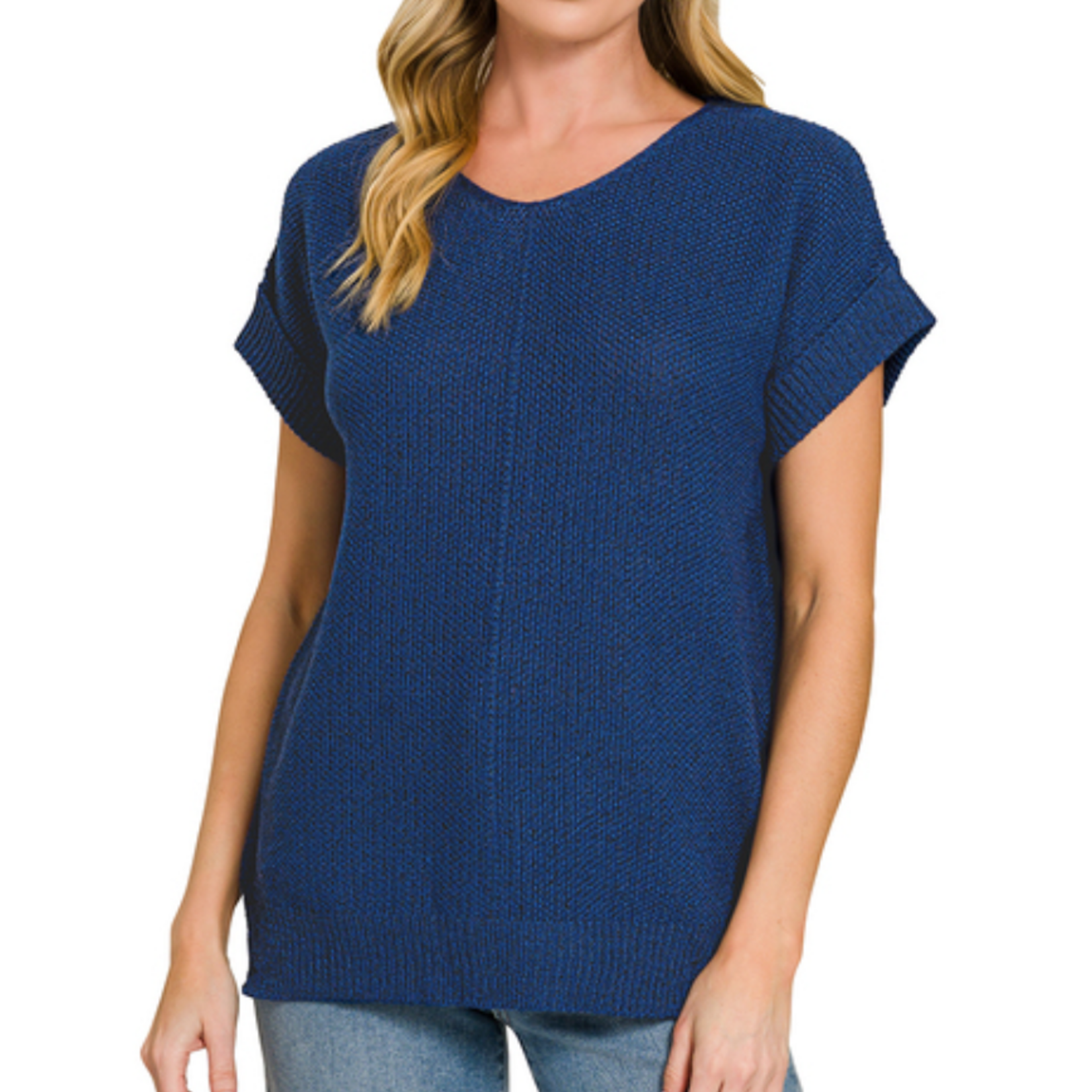 Zenana Zenana Center Seam Short Sleeve Sweater Light Navy
